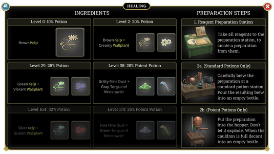 Selecting the Healing potion category at level 58 Alchemist (in widescreen)
