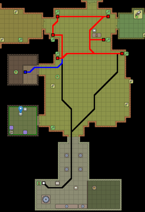 Ash Tree Strategy, Red is the path between trees, Blue is the path to sell to the shop, Black is the path to deposit to the bank