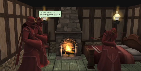 Multiple Red Robed Sorcerers with one on the left talking to the one on the right.